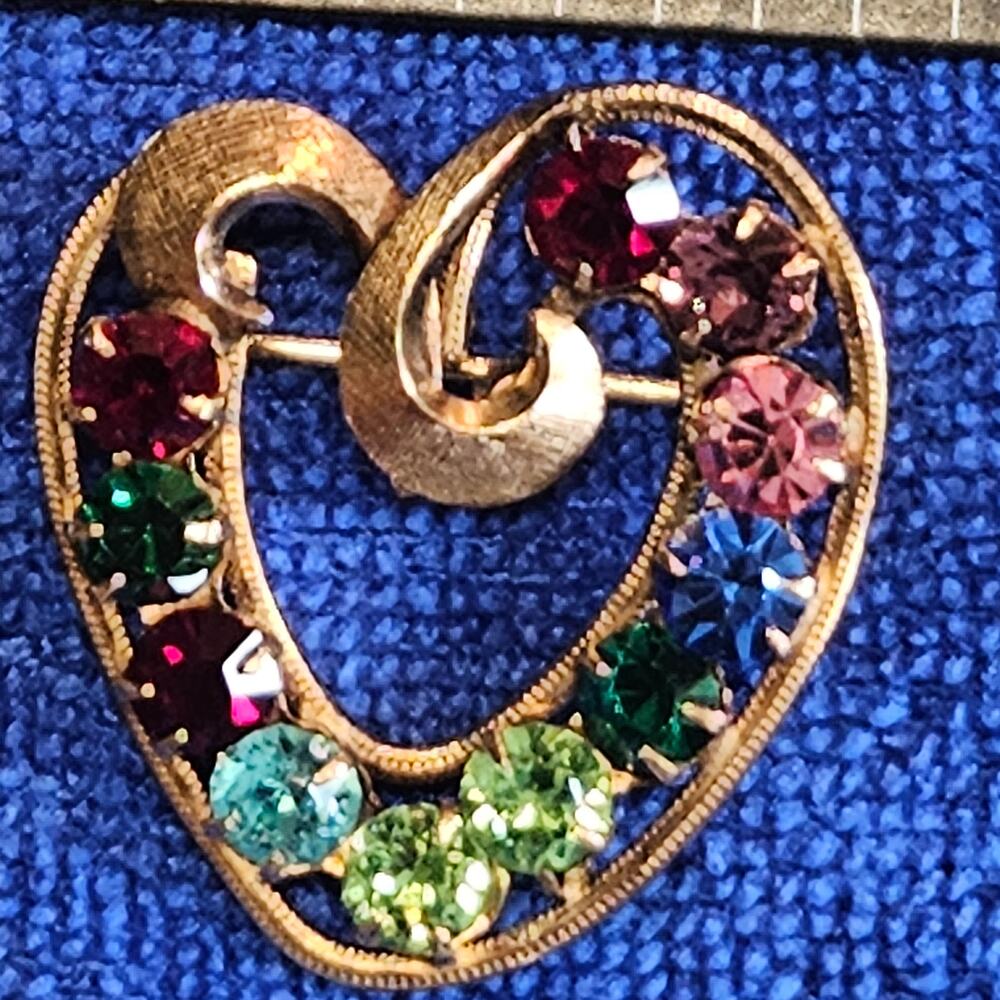 Vintage B.S.K. Signed Gold Tone Multi Color Rhinestone Heart Brooch Pin